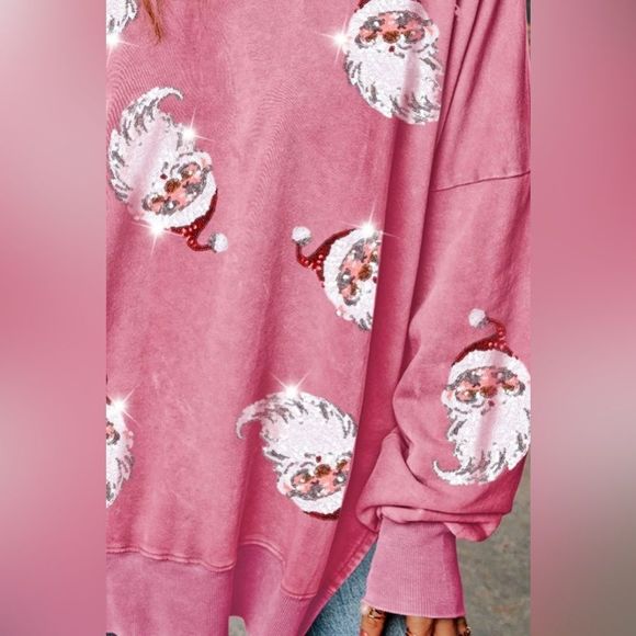 Carnation Pink Sequin Santa Drop Shoulder Slit Sweatshirt - Picture 3 of 3